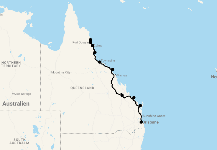 Karte 17 Tage Küstenabenteuer in Queensland