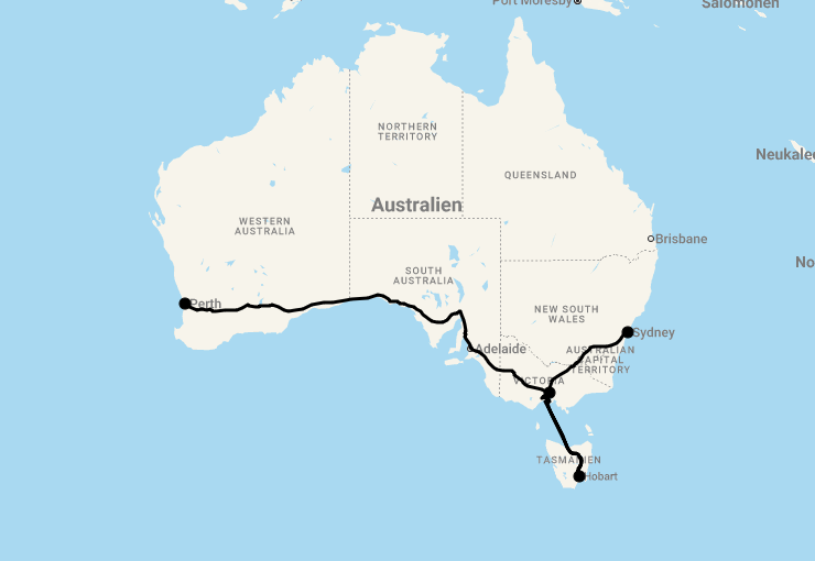 Karte 14 Tage Städtereise Australien von Perth bis Sydney