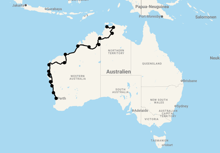 Karte 26 Tage Ultimativer Roadtrip: Australiens Westküste & die Kimberleys