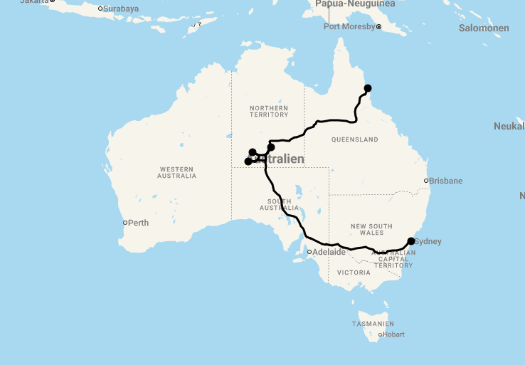 Karte 11 Tage Highlights von Sydney nach Cairns