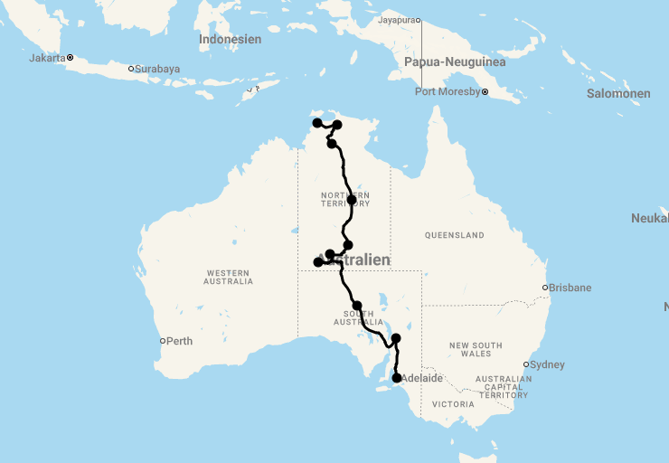 Karte 21 Tage Von Nord nach Süd quer durch Australiens rotes Zentrum