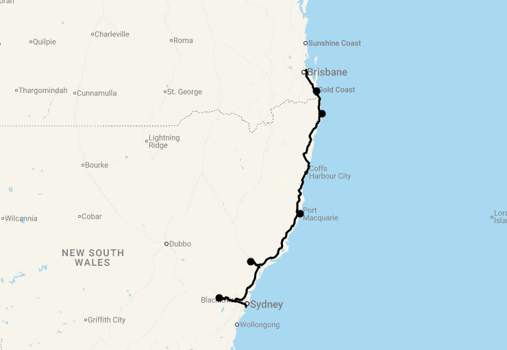 Karte 8 Tage Von Brisbane nach Sydney (Strände, Wein und die Blue Mountains)