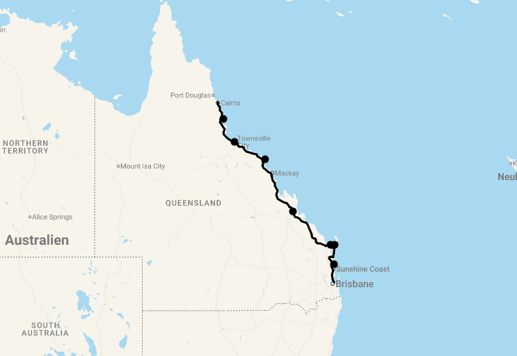 Karte 11 Tage Von Cairns nach Brisbane (Tropical Coast Experience)