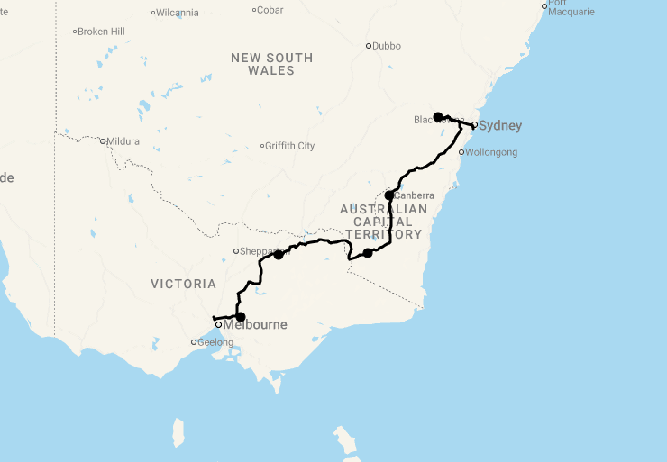 Karte 8 Tage Von Sydney nach Melbourne (The Capital Way über Canberra)