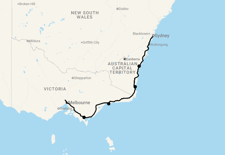 Karte 6 Tage Von Sydney nach Melbourne (Küstenroute)