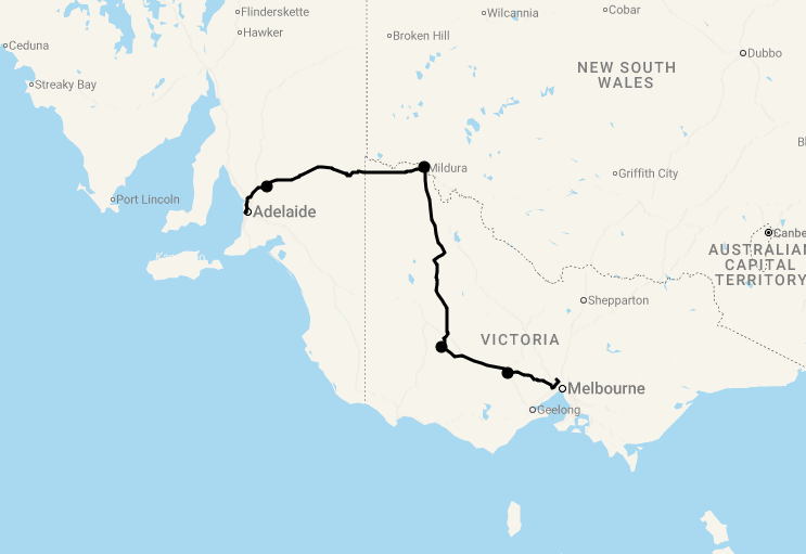 Karte 7 Tage Von Melbourne nach Adelaide (Inlandsroute)