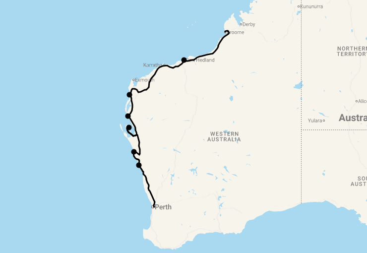 Karte 8 Tage Von Perth nach Broome (Höhepunkte der Westküste)