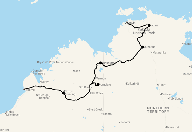 Karte 8 Tage Von Broome nach Darwin (Northern Outback Adventure Kimberleys)