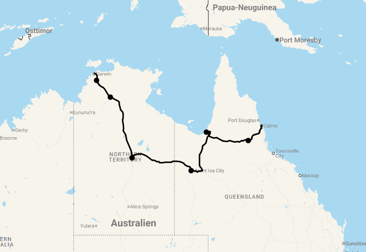Karte 9 Tage Von Darwin nach Cairns (Tropischer Norden mit Outback)