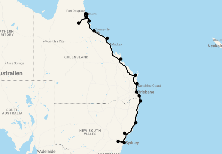 Karte 29 Tage Die australische Ostküste