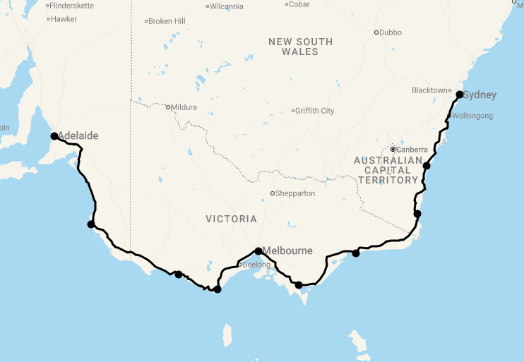 Karte 17 Tage Coastal Drive & Great Ocean Road