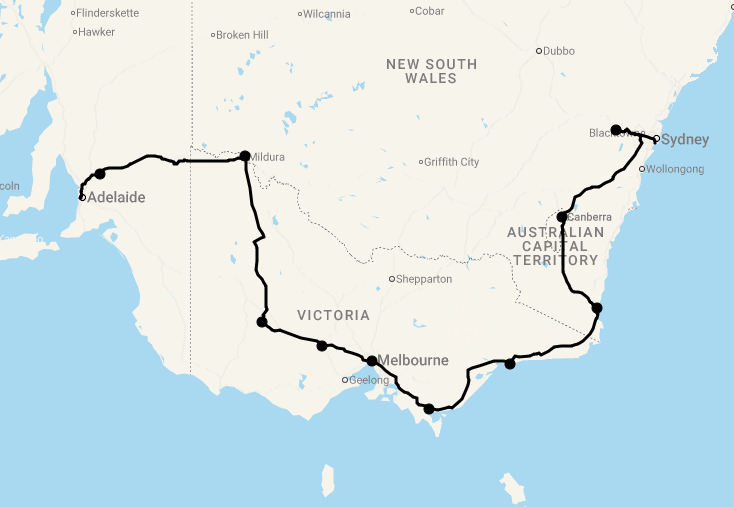 Karte 15 Tage Highlights zwischen Sydney und Adelaide