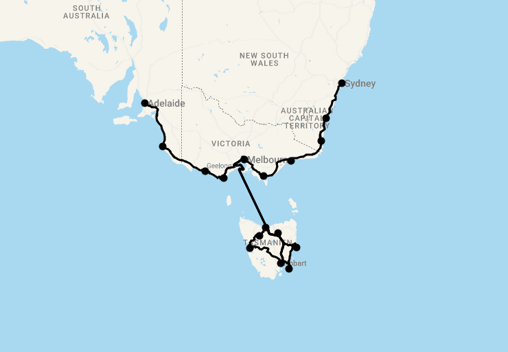Karte 25 Tage Die Südroute von Sydney nach Adelaide mit Abstecher Tasmanien
