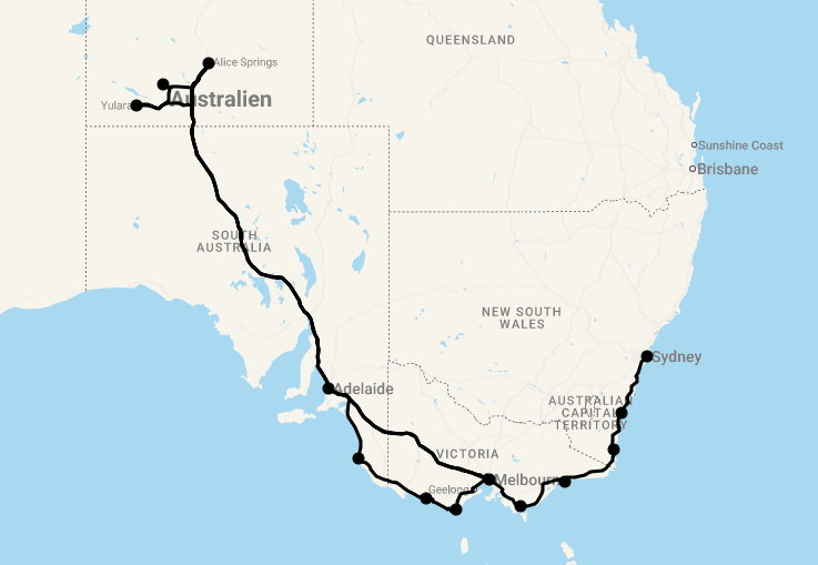Karte 22 Tage Die Südroute von Sydney nach Adelaide mit Abstecher Uluru