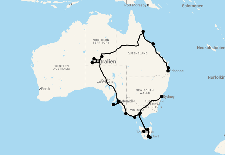 Karte 25 Tage Highlights mit Spirit of Queensland & Tasmanien