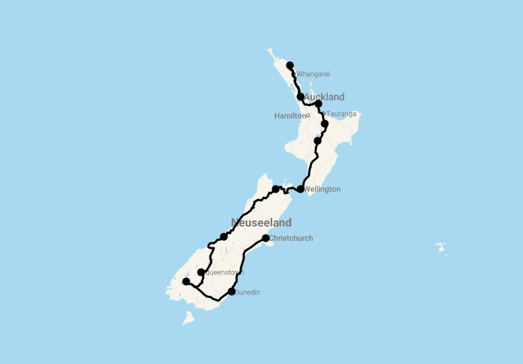 Karte 27 Tage Neuseeland entdecken mit Stopover Singapur (mit Flug)