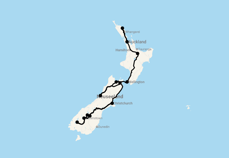 Karte 21 Tage Einzigartiges Neuseeland mit Northland und Te Anau