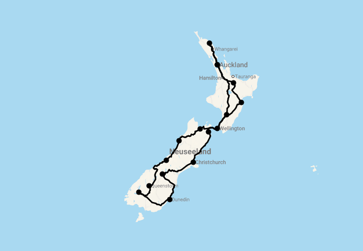 Karte 26 Tage Klassische Neuseeland Rundreise