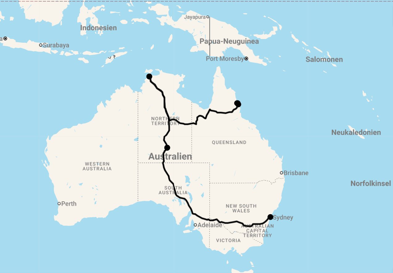 Karte 22 Tage Australien Rundreise