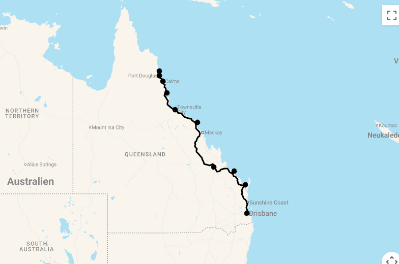 Karte 17 Tage Küstenabenteuer in Queensland