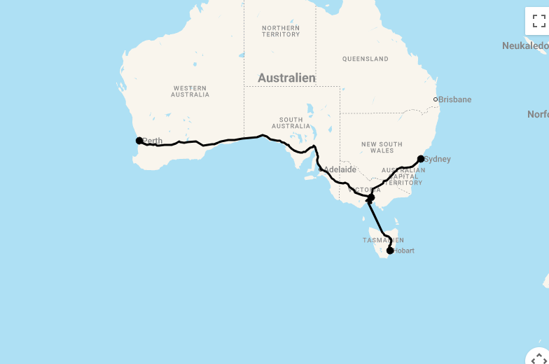 Karte 14 Tage Städtereise Australien von Perth bis Sydney