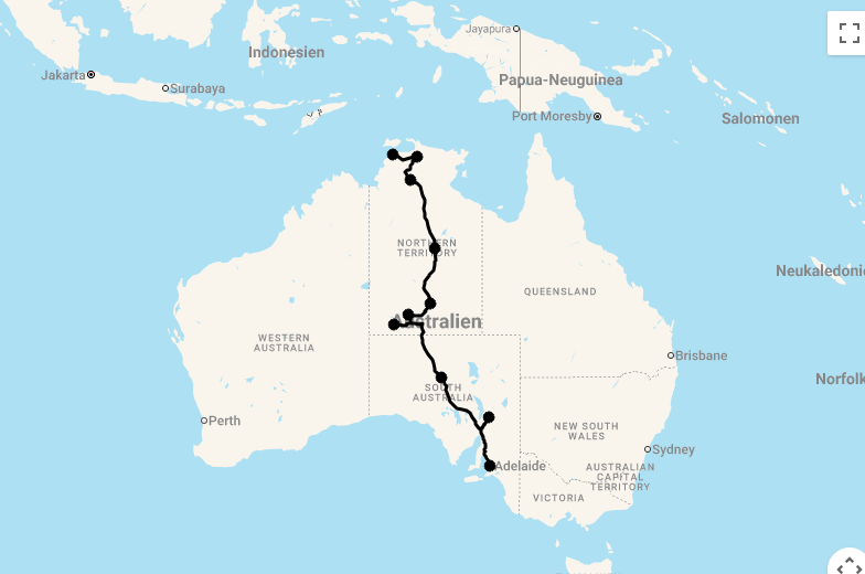 Karte 21 Tage Von Nord nach Süd quer durch Australiens rotes Zentrum