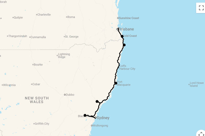 Karte 8 Tage Von Brisbane nach Sydney (Strände, Wein und die Blue Mountains)