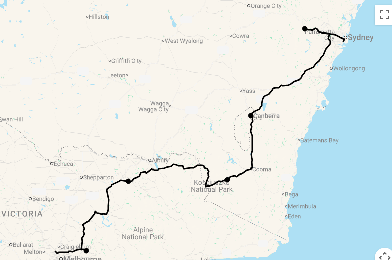 Karte 8 Tage Von Sydney nach Melbourne (The Capital Way über Canberra)