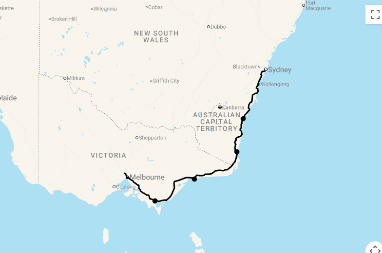 Karte 6 Tage Von Sydney nach Melbourne (Küstenroute)