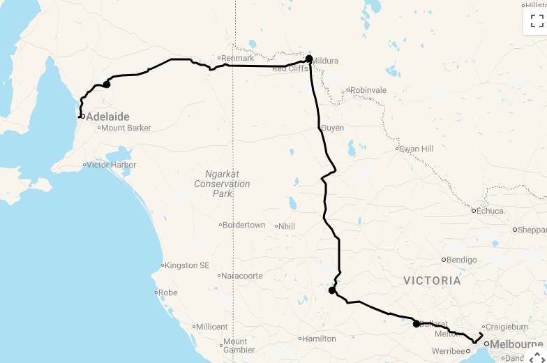 Karte 7 Tage Von Melbourne nach Adelaide (Inlandsroute)