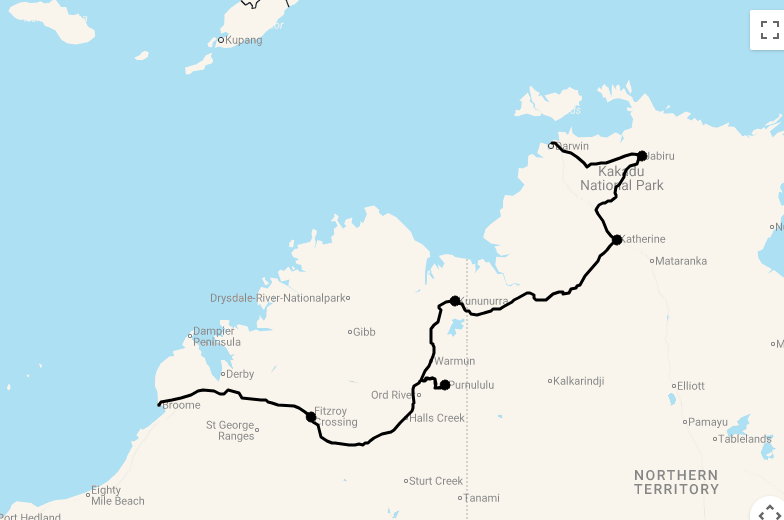 Karte 8 Tage Von Broome nach Darwin (Northern Outback Adventure Kimberleys)