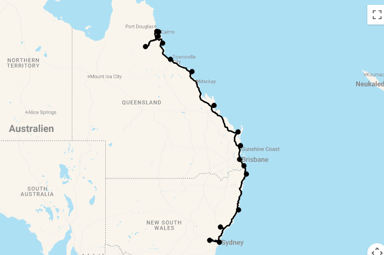 Karte 29 Tage Die australische Ostküste