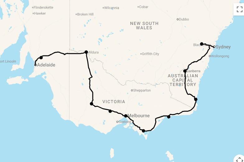 Karte 15 Tage Highlights zwischen Sydney und Adelaide