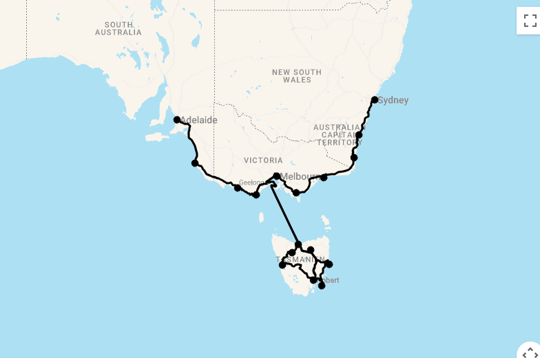 Karte 25 Tage Die Südroute von Sydney nach Adelaide mit Abstecher Tasmanien