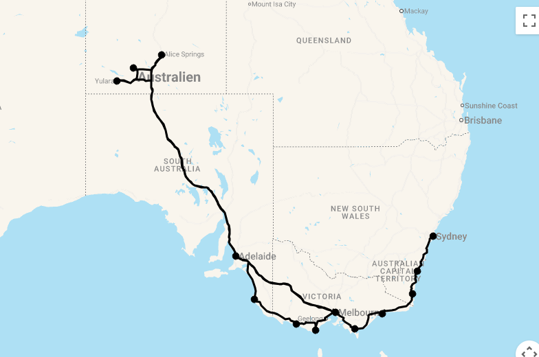 Karte 22 Tage Die Südroute von Sydney nach Adelaide mit Abstecher Uluru