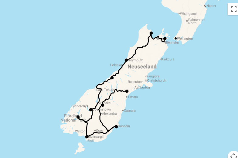 Karte 18 Tage Südinsel Spectacular